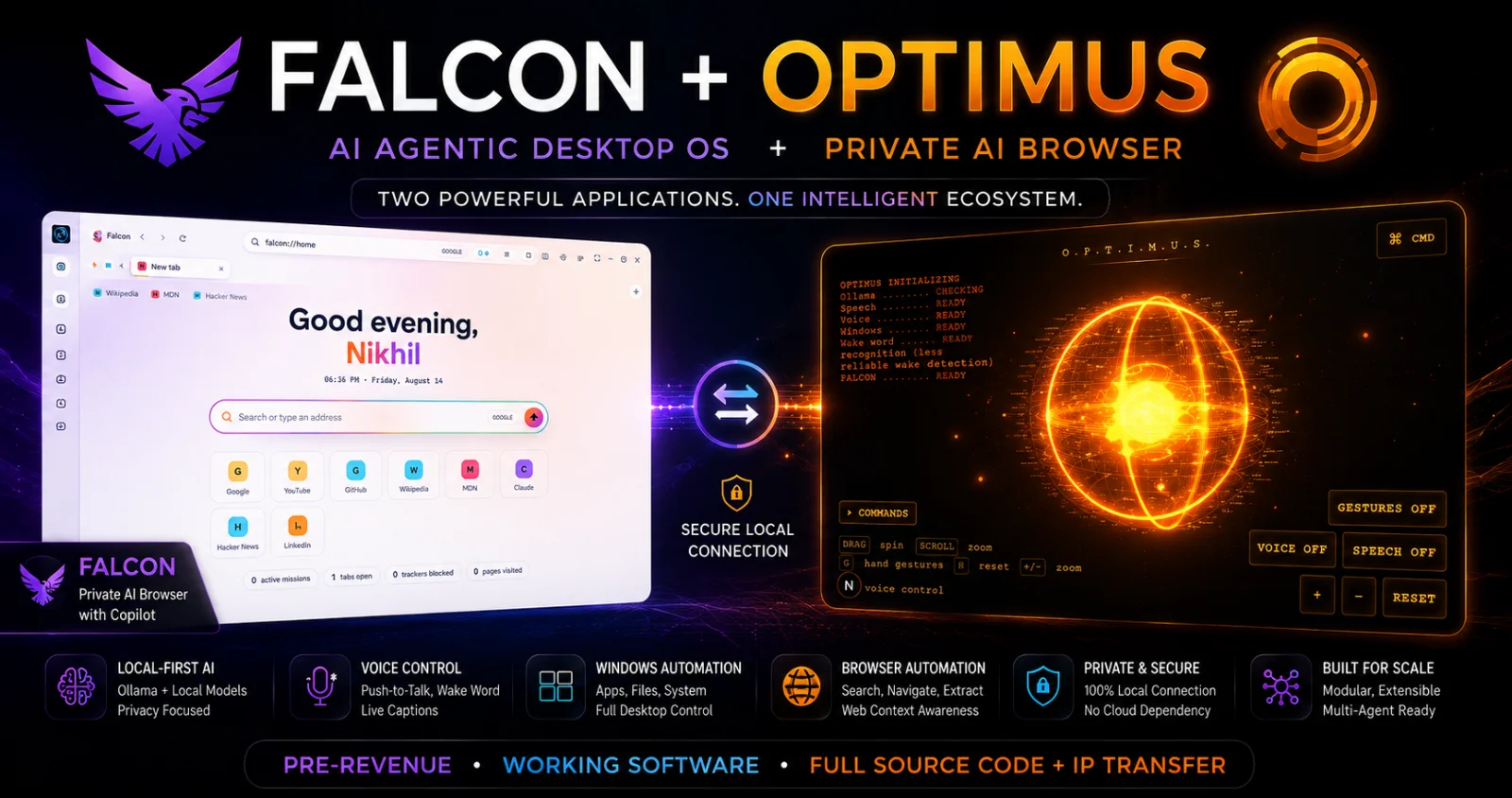 OPTIMUS + FALCON — AI Agentic Desktop Assistant & Private AI Browser